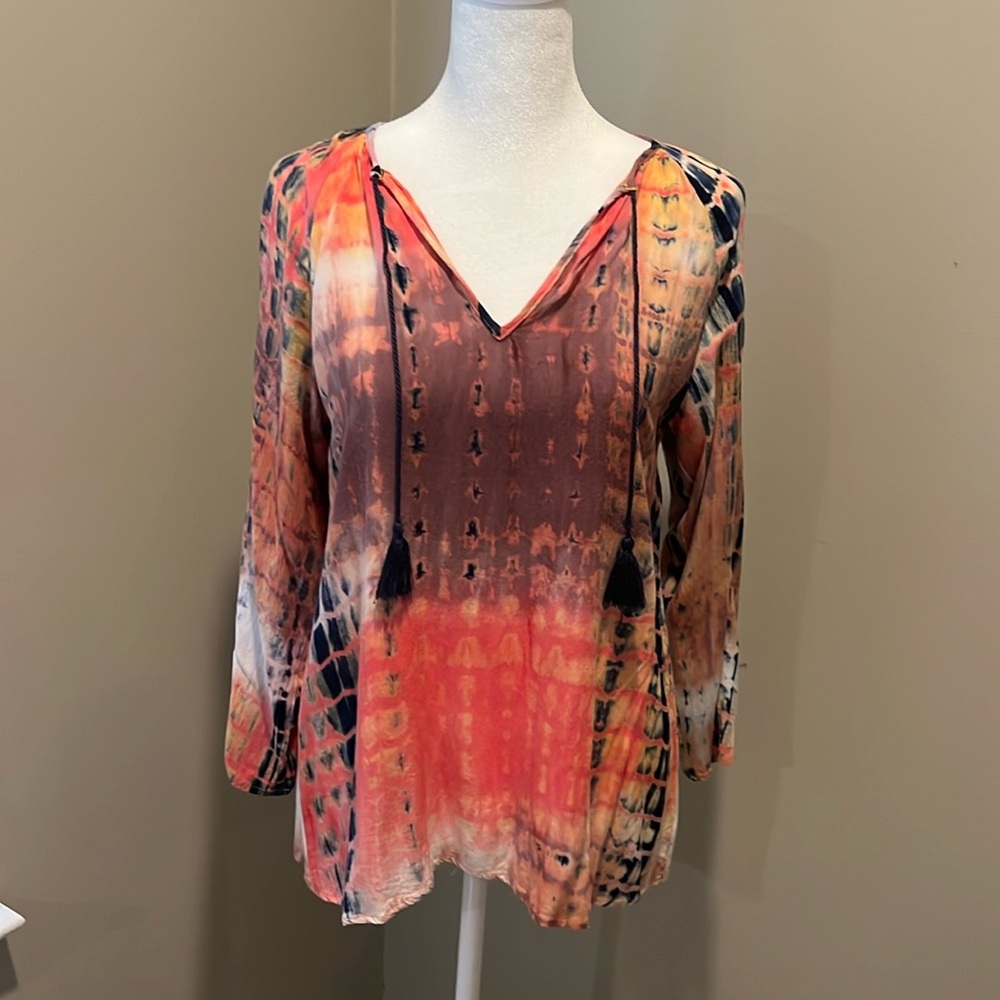 NATURAL LIFE Coral & Brown V-Neck Tie-Dye Tassel Tunic